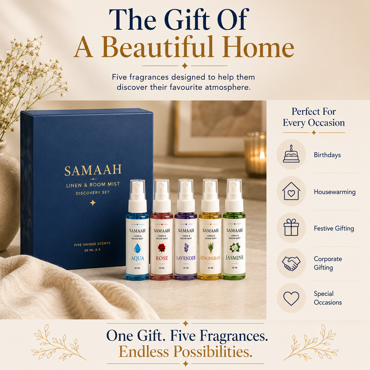 Samaah Luxury Linen and Room Mist Gift Set (5 x 20ml) – Aqua, Rose, Lavender, Lemongrass & Jasmine