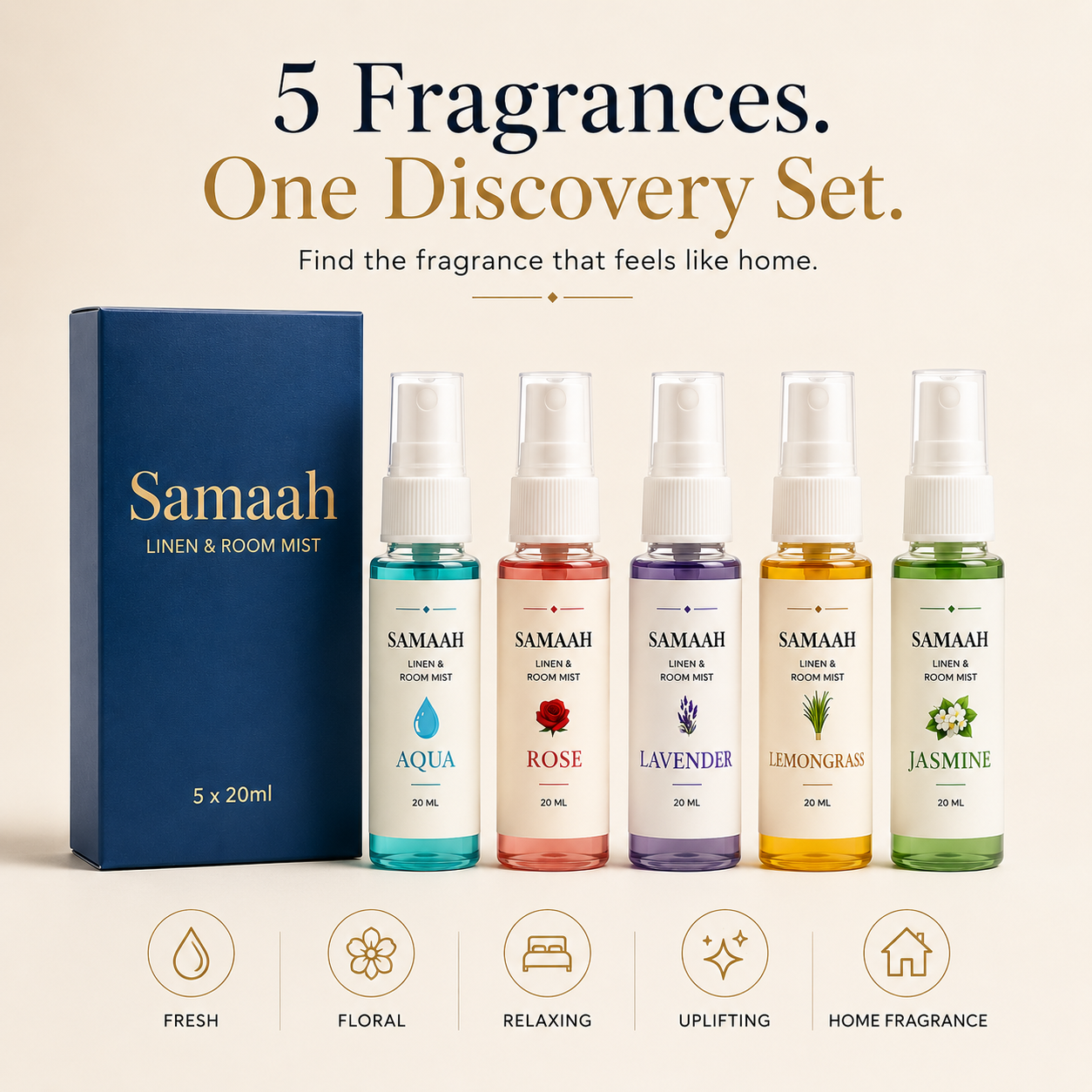 Samaah Luxury Linen and Room Mist Gift Set (5 x 20ml) – Aqua, Rose, Lavender, Lemongrass & Jasmine