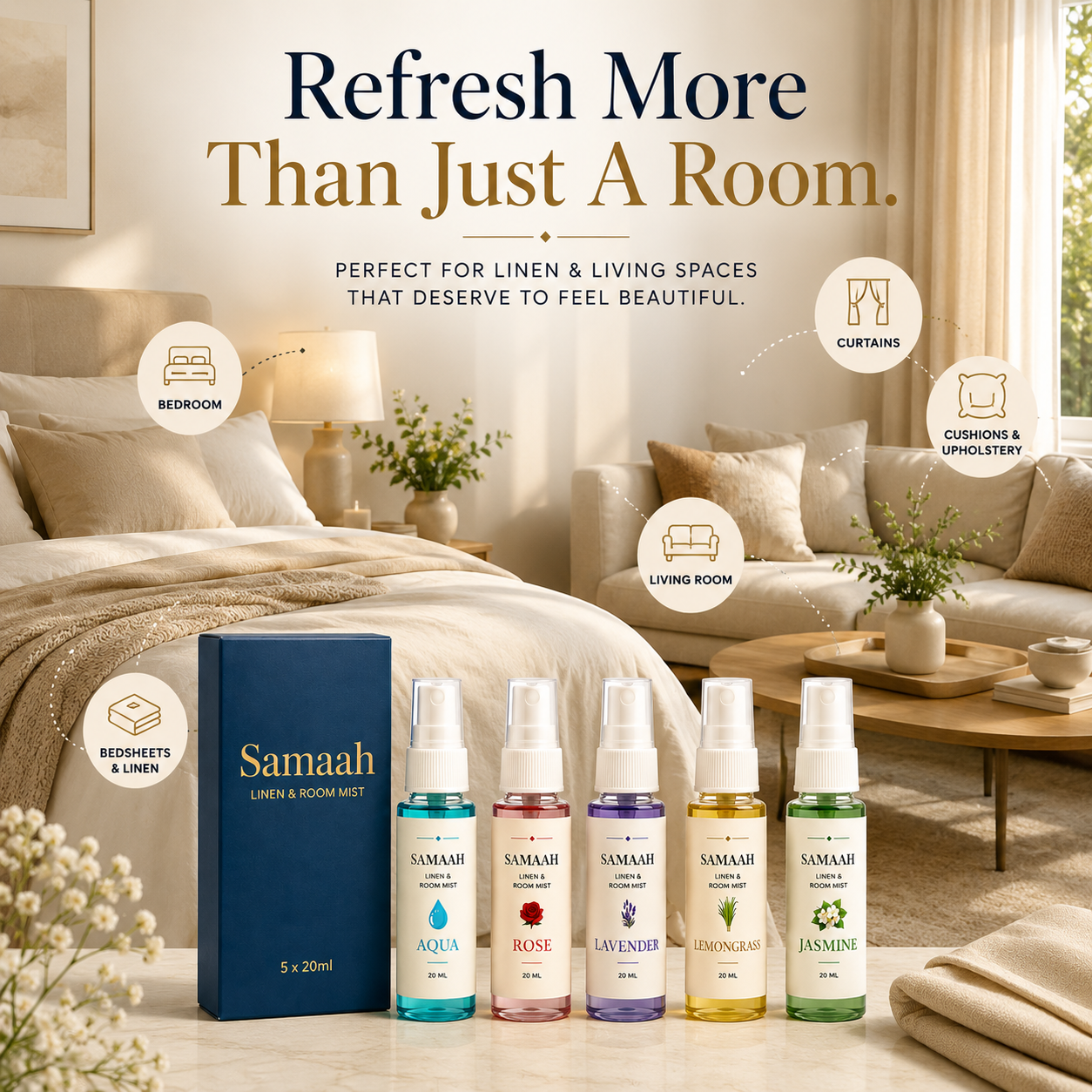 Samaah Luxury Linen and Room Mist Gift Set (5 x 20ml) – Aqua, Rose, Lavender, Lemongrass & Jasmine